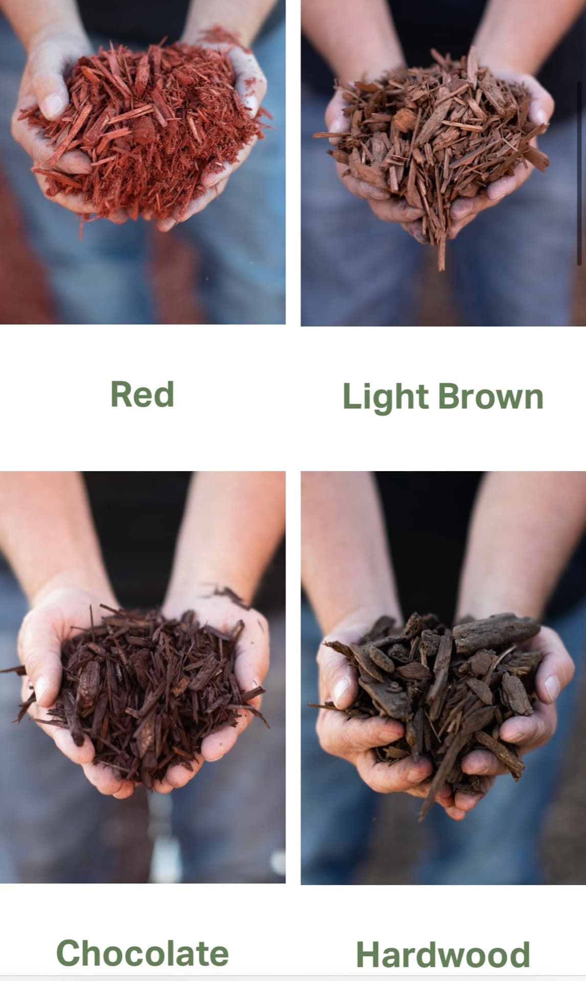 Hands holding four mulch colors: red, light brown, chocolate, and hardwood